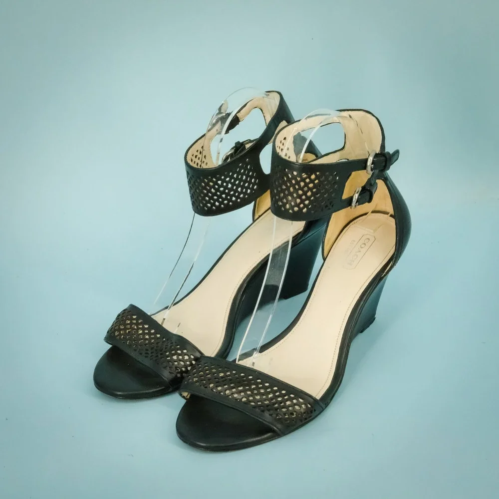 Coach Size 8.5 Black Lazer Cut Leather Strappy Ankle Strap Wedge Heel Sandals